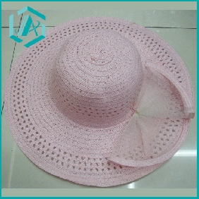 Wholesale pink fashion style lady's paper straw hat with gauze flower