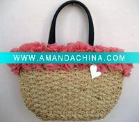 Wholesale straw knitting and lace trimming woven handbag