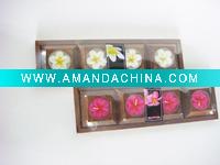 Wholesale flower candle in wooden holder in shrink pack