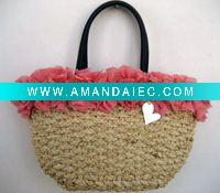 Wholesale natural cornhusk straw knitting and lace trimming woven handbag