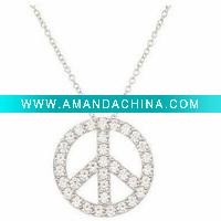 Wholesale Platinum Clad CZ Peace Sign Pendant w/Chain