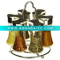 Wholesale 7Pcs Ergonomical shape Glass Cruet Spice Jar Set on Chrome Rack w. Dual Flip Lid