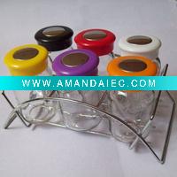 Wholesale 7Pcs Round Shape Glass Spice Jar Set on Chrome Rack w. Plastic Lids