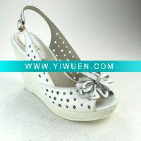 Wholesale VELONY2011Best selling fashion white sheepskin leather pierced high heel wedge ladies sandals with flower pattern