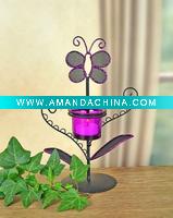 Wholesale METAL T-LIGHT AMBER GLASS HOLDER W/BROWN CERAMIC STONES