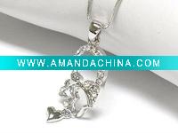 Wholesale White gold plating crystal horse shoe and heart dangle pendant necklace