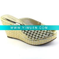 V6888-01VELONYnewest sexy wedge heel apricot suede fish mouth mesh women slipper with golden sequins pattern