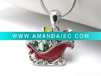 Wholesale White gold plating crystal and epoxy christmas themesnata sleigh pendant necklace