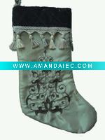 Wholesale 19 inches satin stocking with velvet cuff and embroidery pattern with tassel lace