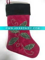 Wholesale 20 inches velvet stocking with embroidery patter with pearl