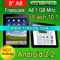 Wholesale Android 2.2 OS Tablet pc 8 Inch with Free scale iMX515 Cortex A8 CPU +Flash Player 10.1 + 512MB RAM+4GB HDD