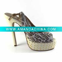 Wholesale Brand VELONY2011fashion coffee leopard sheepskin leather fish mouth super high heel sandals with thick platforms