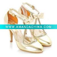 Wholesale WS023 Gorgeous glaring beaded bow golden wedding shoes