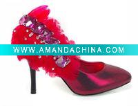 Wholesale ws-094 custom make red wedding shoes gemstones feather high heel shoes