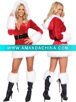 Wholesale Hooded Fur Trim Velvet Santa Dress/Christmas Costume