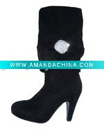 Wholesale sexy tight high ladies black boots with crystals buckle