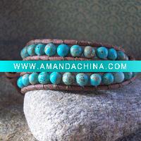 Wholesale Leather Beaded Wrap Bracelet, Turquoise Wrap Bracelet, double wrap bracelet, brown leather bracelet, blue matrix turquoise brace