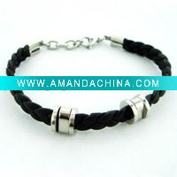 Wholesale Stainless steel & leather mens bracelet