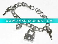 Wholesale Crystal heart and lock and key charm dangle chain bracelet