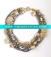 Wholesale GOLD plated Women Vtg Style Pearl Tennis Chain Toggle black pearl bracelet