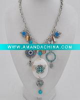 Wholesale WLNE-3729-Antique Silver Tone Aquamarine Rhinestone Shell Multi Charm Necklace