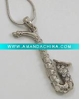Wholesale WLNE-4511-Silver Tone Clear Rhinestone Lead Compliant Saxophone Pendant Necklace