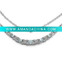 Wholesale Exotic 6.30 Carat Genuine Blue Topaz Ovals & Diamond "XO" Style Sterling Silver Necklace
