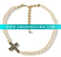Wholesale 2011 New Design Sparkling Crystal Pearl Necklace Pendant With Cross HSYN1143