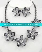 Wholesale Hematite Tone / Black Diamond Rhinestones / Flower / Necklace & Post Earring Set