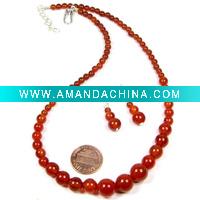 Wholesale RED ONYX GEMSTONE BEADED NECKLACE EARRINGS SET 925 SILVER HANDMADE