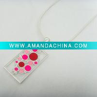Wholesale Free shipping 18693 new matte silver plate pink red spot pattern rectangular charm necklace fashion jewelry