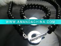 Wholesale Wholsale 2011 new FASHION jewelry 8mm black pearl 925 Sterling Silver bracelet necklace set Penoyjewelry J331