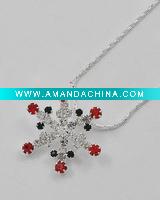 Wholesale WLNE-3723-Silver Tone Green & Red Rhinestones Lead&nickel Compliant Snowflake Design Pendant Necklace
