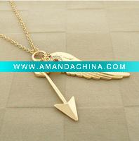 Wholesale WLNE-4567-gold toned Crystal Heart Angel Wing Arrow Pendant Long Necklace