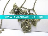 Wholesale Burnish metal butterfly and leaves pendant long necklace