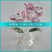 Wholesale 2 Pink Crystal Flowers with Green Leaves Clear Stand