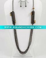 Wholesale Hematite Tone / Multi Color Glass Crystal / Lead Compliant / Long Necklace & Fish Hook Earring Set