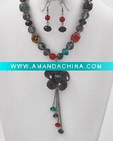 Wholesale Hematite Tone / Multi Color Ceramic & Glass Crystal / Lead&nickel Compliant / Flower Pendant Necklace & Fish Hook Earring Set
