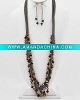 Wholesale Rhodiumized / Topaz Glass Crystals / Lead&nickel Compliant / Multi Strand Long Necklace & Fish Hook Earring Set