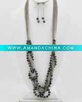 Wholesale Silvertone / Navy Blue Glass Crystals / Lead&nickel Compliant / Multi Strand Long Necklace & Fish Hook Earring Set