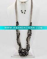Wholesale Silvertone / Black Glass Crystals / Lead&nickel Compliant / Multi Strand Long Long Necklace & Fish Hook Earring Set