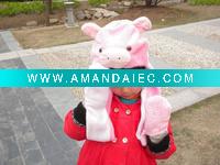 Wholesale plush pig shape hat with glove, winter hat