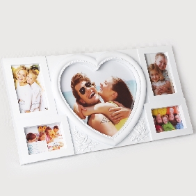 Classic Volentine Combination Heart Shape 5 Pocket Pages Holds 4" by 6" / 8" by 10" White Black Wall Hanging Photo Frame