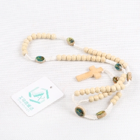 Wholesale Wooden Bead Necklace With Cross In Cream Color In OPP Bag Package