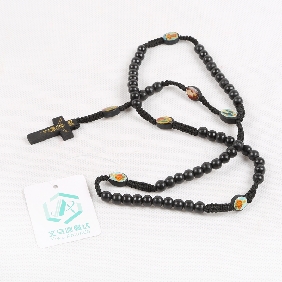 Wholesale Wooden Bead Necklace With Cross In Black Color In OPP Bag Package