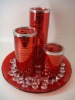 Wholesale bloody red glass tealight candle holder set with gala twill pattern set in a plate for home decoration factory