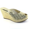 V6888-01VELONYnewest sexy wedge heel apricot suede fish mouth mesh women slipper with golden sequins pattern