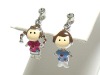 White gold plating enamel and crystal boy and girl drop earring